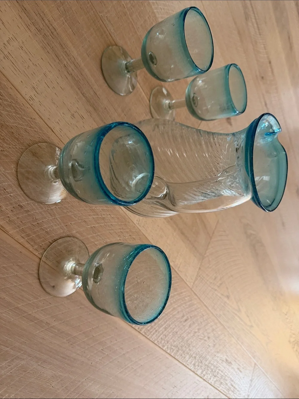 Clear Glass Pitcher and Goblet Set with Ocean Blue Rim - Home Dining